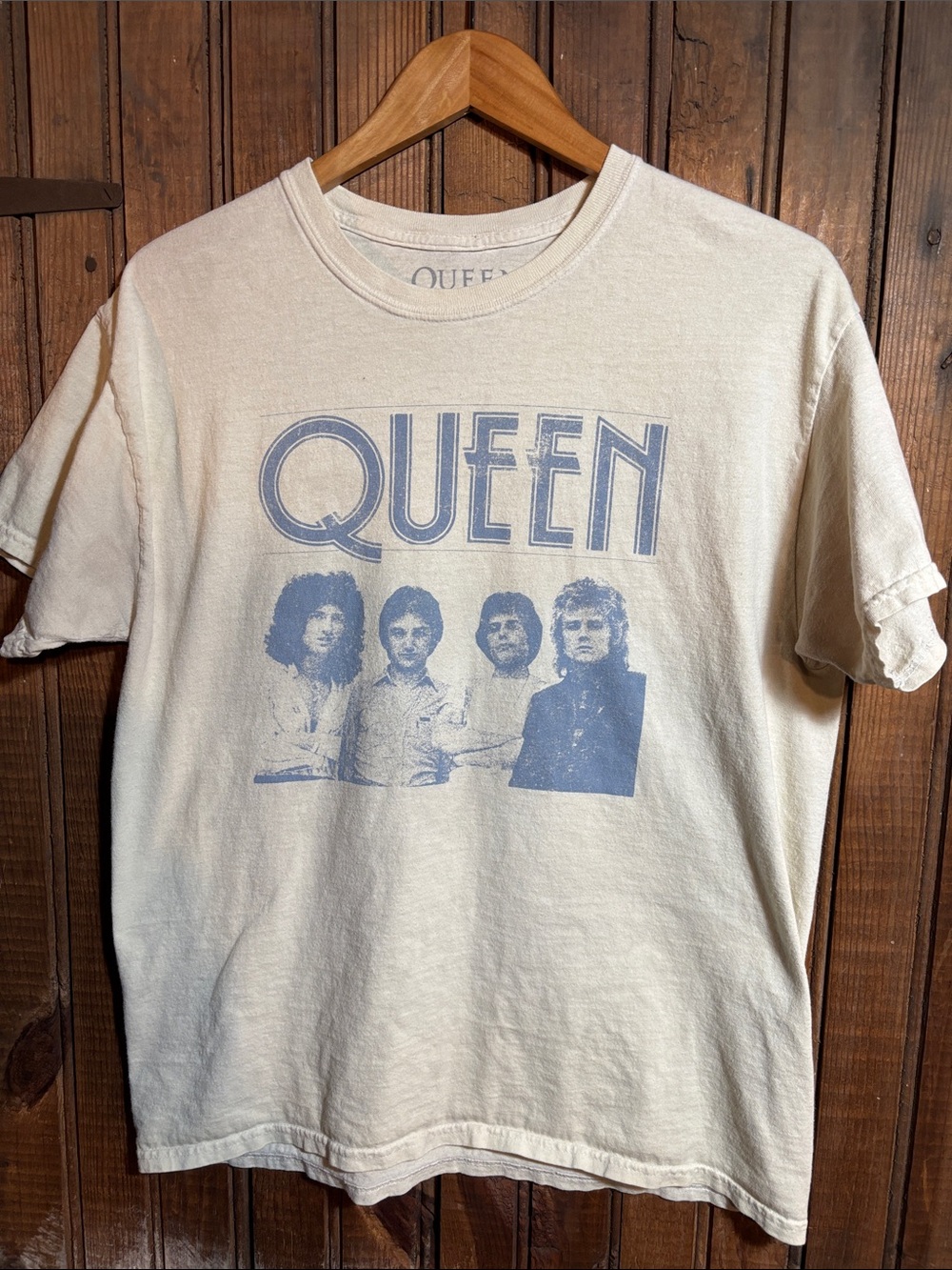 Queen Band Graphic Tee in Light Cream with Blue Print